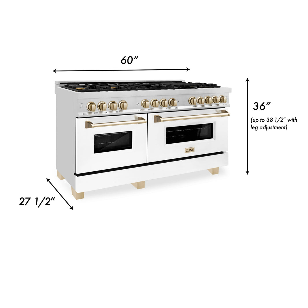 ZLINE Autograph Edition 60-Inch Dual Fuel Range, Gas Stove & Electric Oven in Stainless Steel with White Matte Door and Gold Accents (RAZ-WM-60-G)