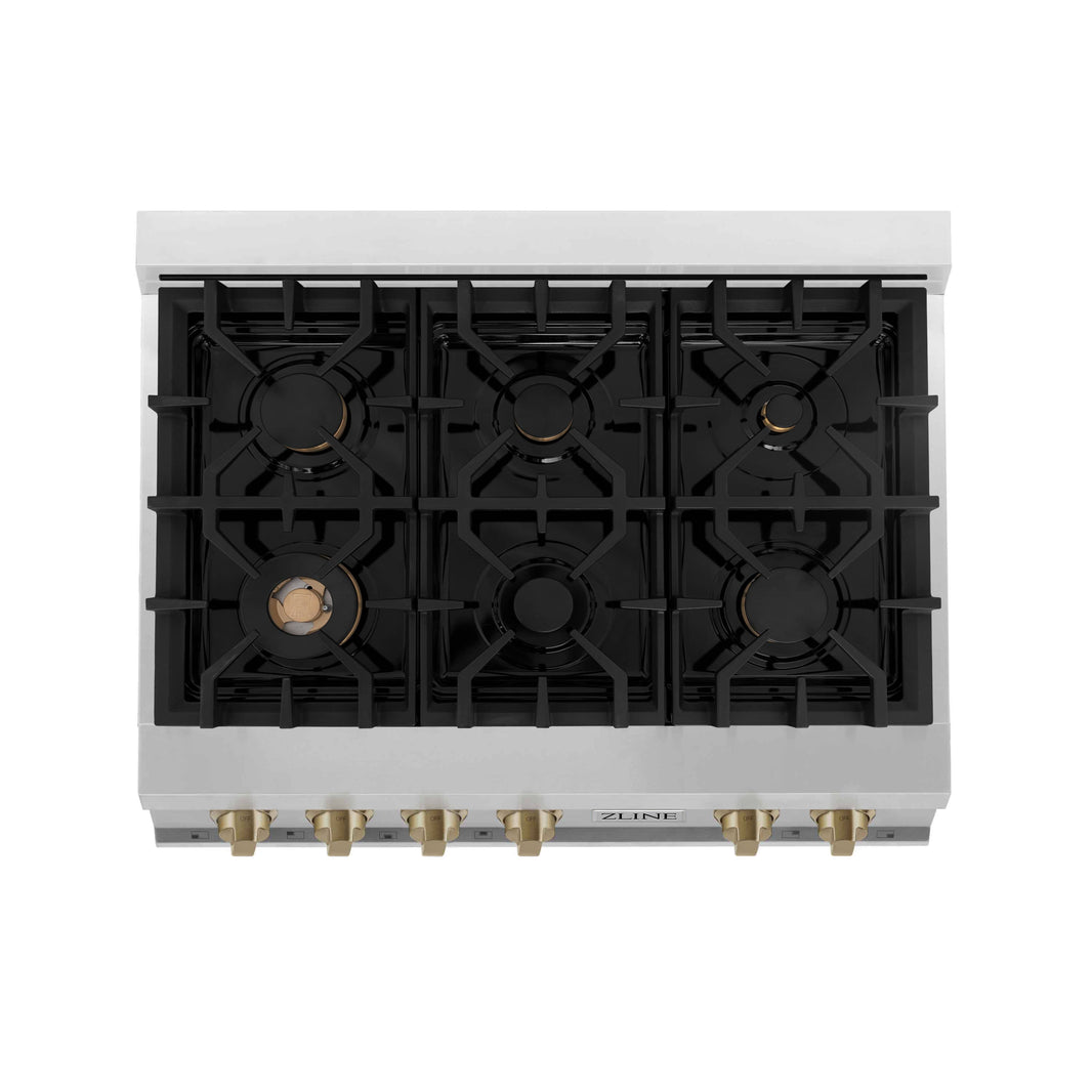 ZLINE Autograph Edition 36-Inch Porcelain Rangetop with 6 Gas Burners in Stainless Steel and Champagne Bronze Accents (RTZ-36-CB)