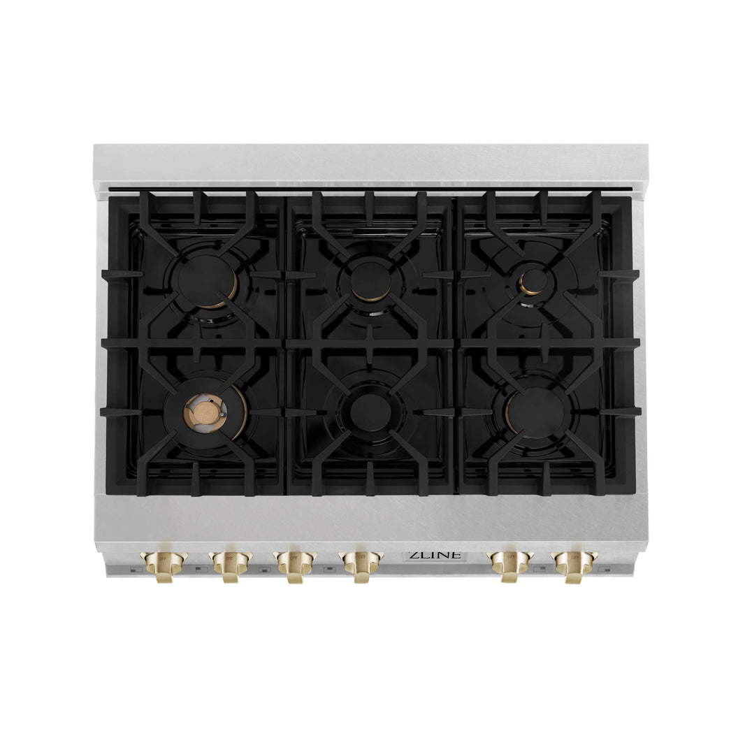 ZLINE Autograph Edition 36-Inch Porcelain Rangetop with 6 Gas Burners in DuraSnow® Stainless Steel and Gold Accents (RTSZ-36-G)