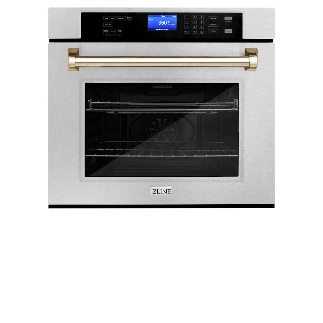 ZLINE 30" Autograph Edition Single Wall Oven with Self Clean and True Convection in DuraSnow® Stainless Steel and Gold (AWSSZ-30-G)