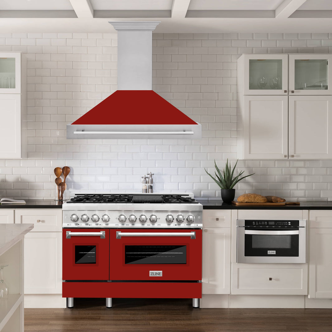 ZLINE 48-Inch Wall Mount Range Hood in Stainless Steel with Red Gloss Shell and Stainless Steel Handle (8654STX-RG-48)