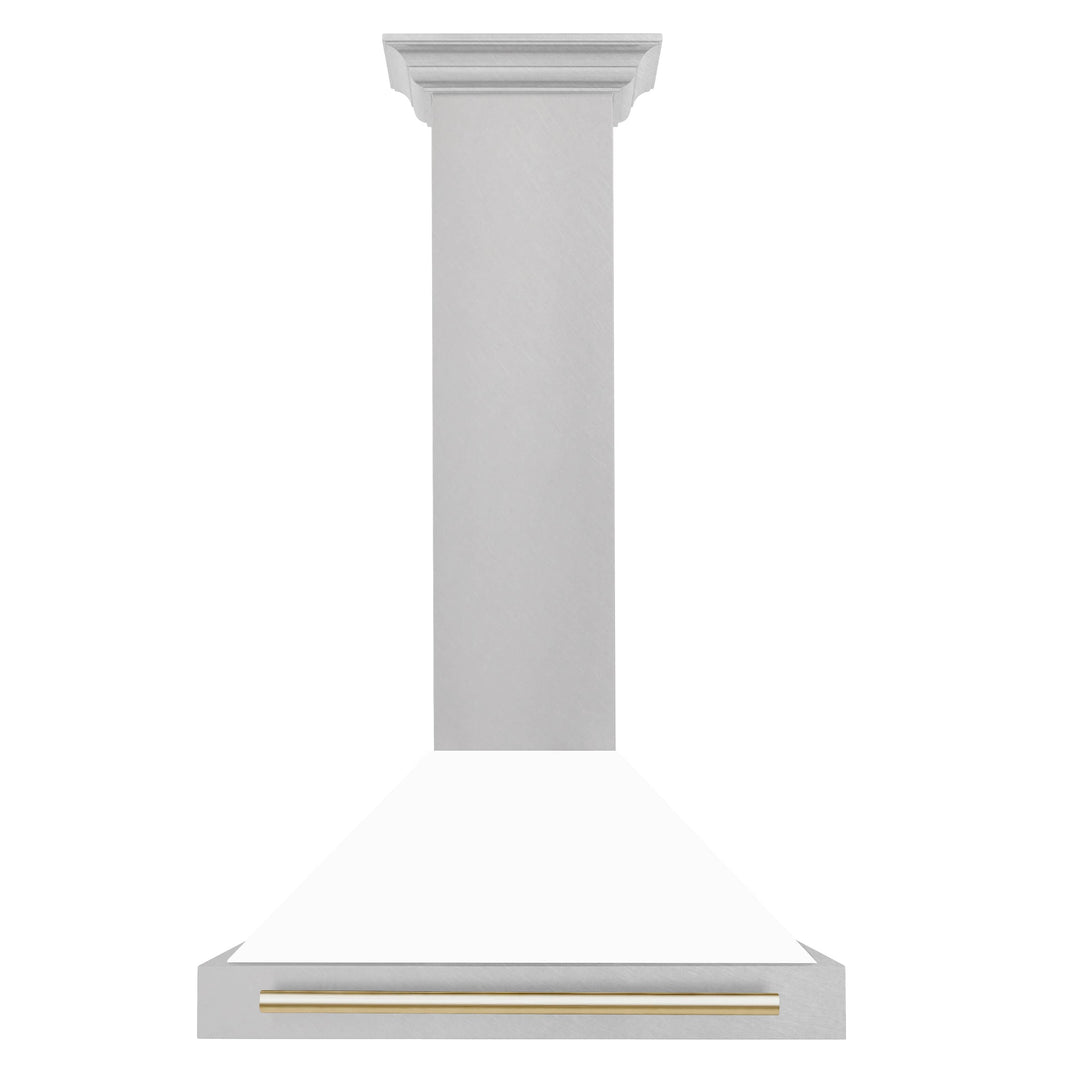 ZLINE 30-Inch Autograph Edition Wall Mounted Range Hood in DuraSnow® Stainless Steel with White Matte Shell and Gold Handle (KB4SNZ-WM30-G)