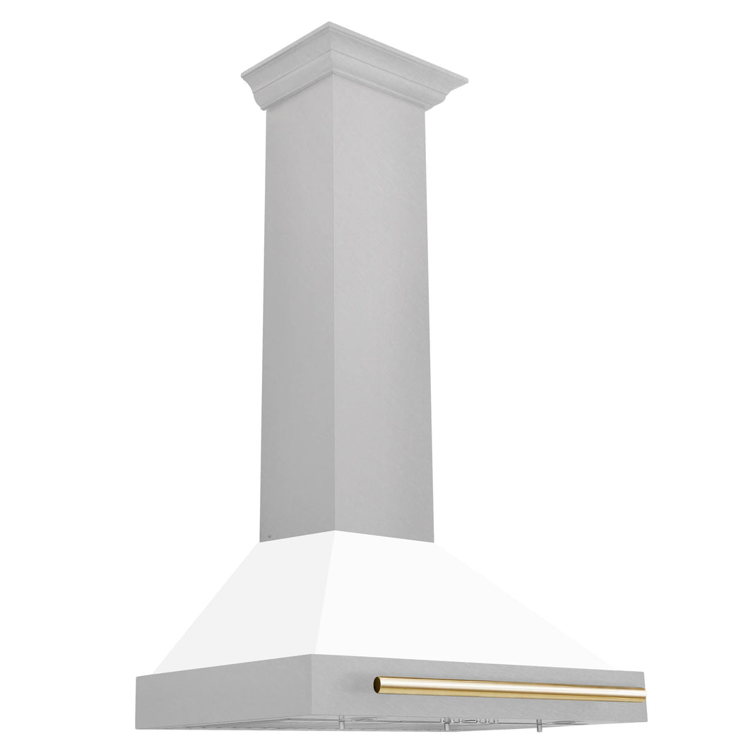 ZLINE 30-Inch Autograph Edition Wall Mounted Range Hood in DuraSnow® Stainless Steel with White Matte Shell and Gold Handle (KB4SNZ-WM30-G)