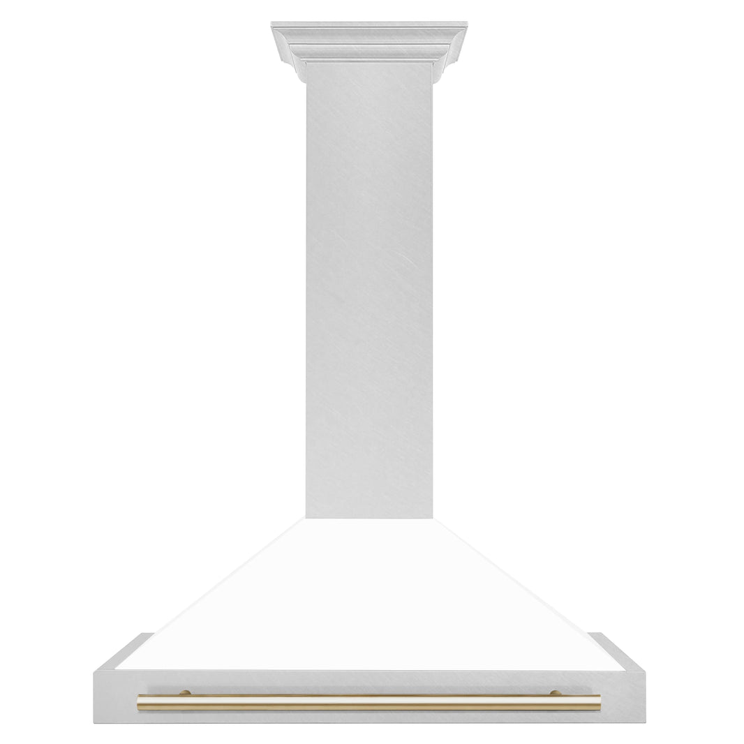 ZLINE 36-Inch Autograph Edition Wall Mounted Range Hood in DuraSnow® Stainless Steel with White Matte Shell and Gold Handle (KB4SNZ-WM36-G)