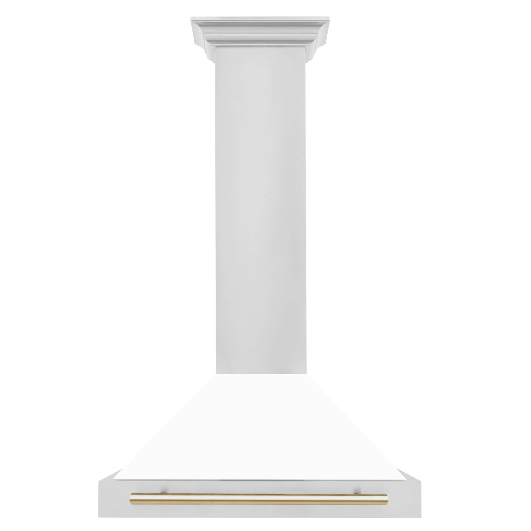 ZLINE 30-Inch Autograph Edition Wall Mounted Range Hood in Stainless Steel with White Matte Shell and Gold Accents (KB4STZ-WM30-G)