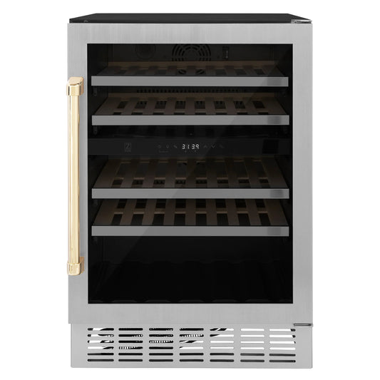 ZLINE 24-Inch Monument Autograph Edition Dual Zone 44-Bottle Wine Cooler in Stainless Steel with Gold Accents (RWVZ-UD-24-G)