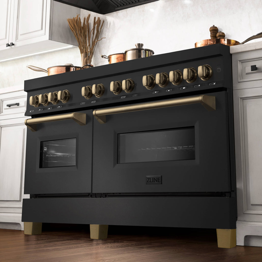 ZLINE Autograph Edition 60-Inch Dual Fuel Range with Gas Stove and Electric Oven in Black Stainless Steel with Champagne Bronze Accents (RABZ-60-CB)