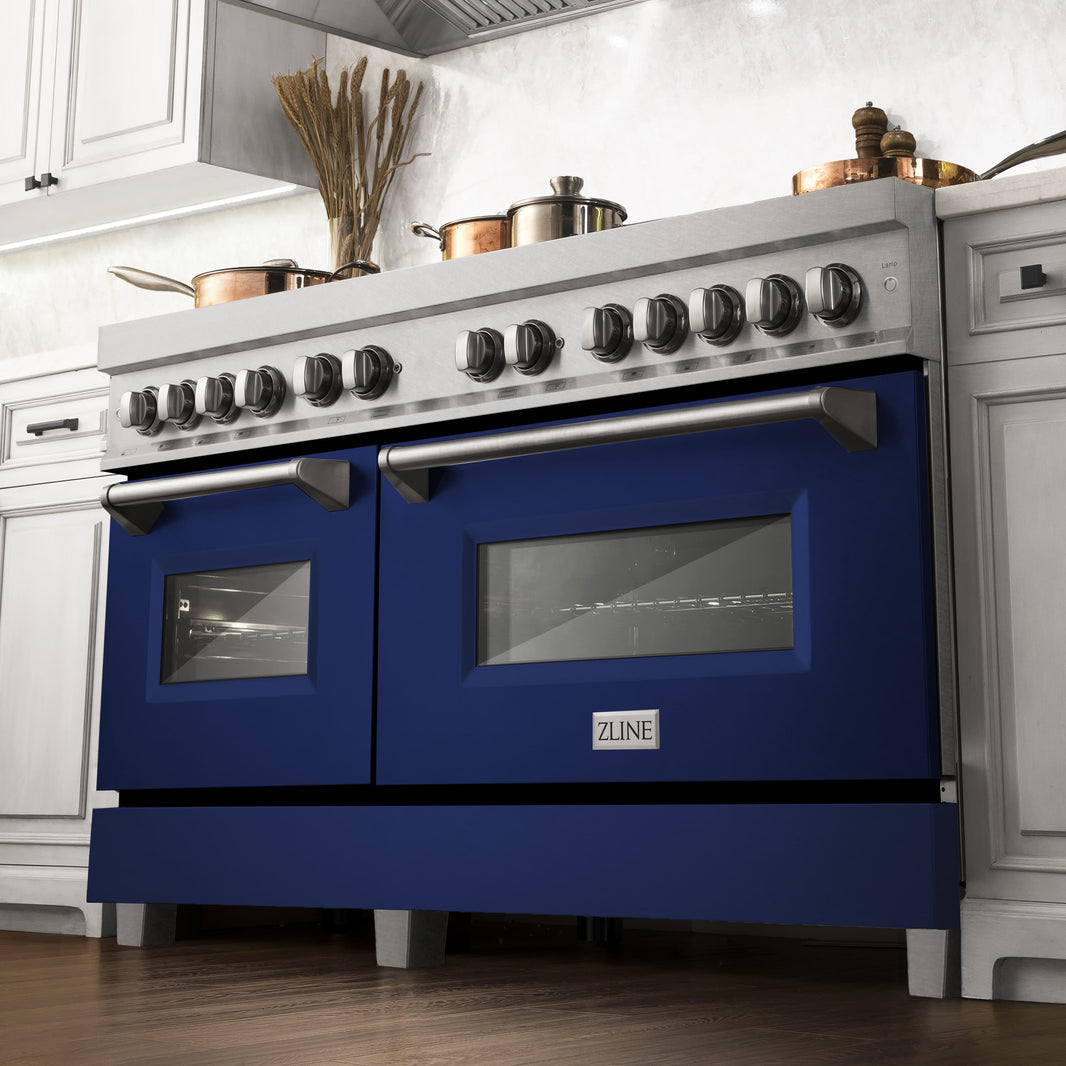 ZLINE 60-Inch 7.4 cu. ft. Dual Fuel Range with Gas Stove and Electric Oven in DuraSnow Stainless Steel and Blue Gloss Doors (RAS-BG-60)