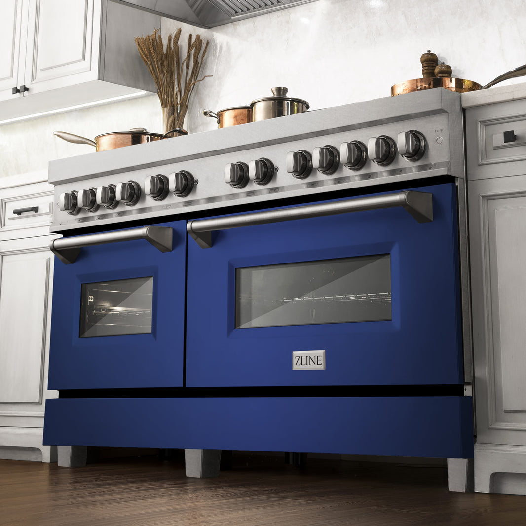 ZLINE 60-Inch 7.4 cu. ft. Dual Fuel Range with Gas Stove and Electric Oven in DuraSnow Stainless Steel and Blue Matte Doors (RAS-BM-60)