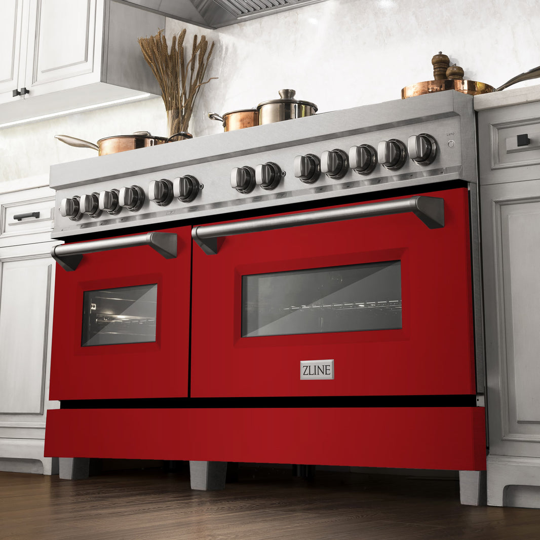 ZLINE 60-Inch 7.4 cu. ft. Dual Fuel Range with Gas Stove and Electric Oven in DuraSnow Stainless Steel and Red Gloss Doors (RAS-RG-60)