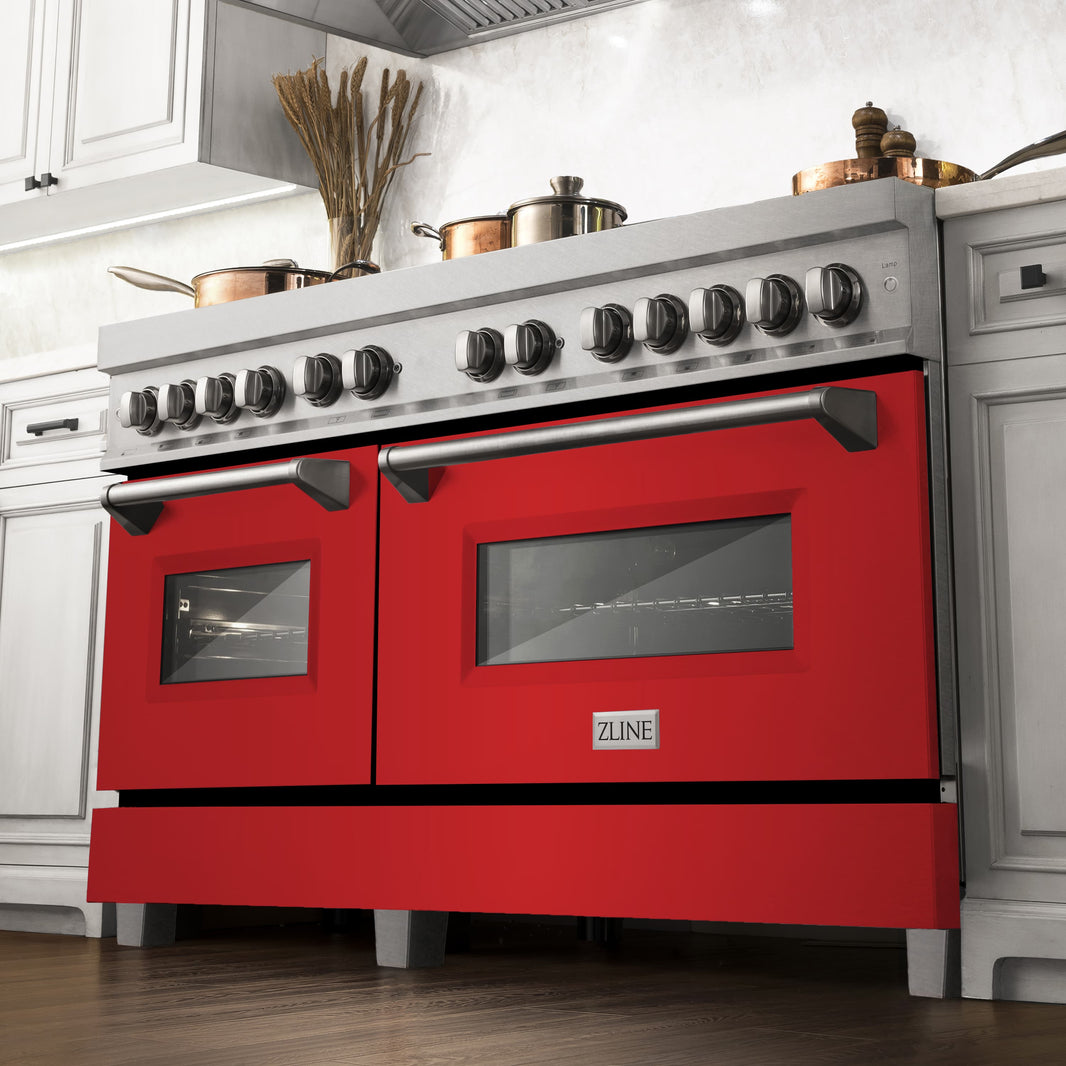 ZLINE 60-Inch 7.4 cu. ft. Dual Fuel Range with Gas Stove and Electric Oven in DuraSnow Stainless Steel and Red Matte Doors (RAS-RM-60)