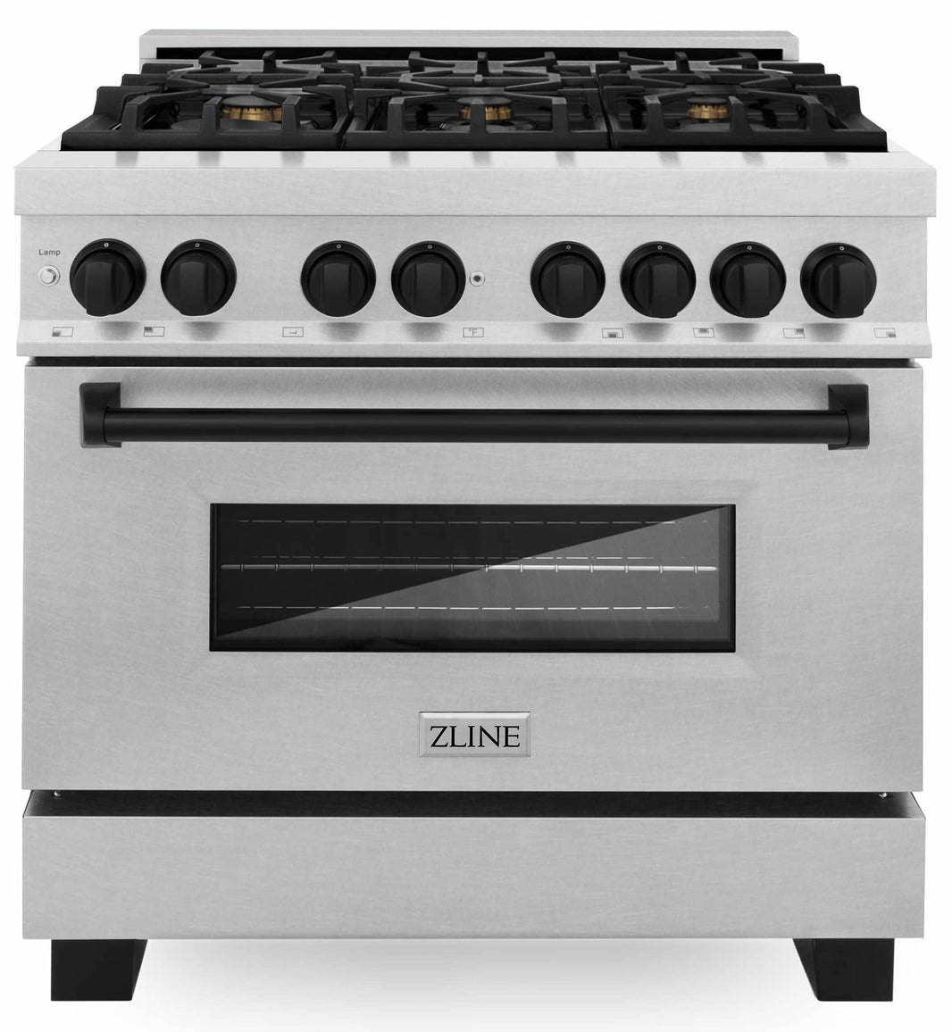 ZLINE Autograph Edition 36-Inch Dual Fuel Range with Gas Stove and Electric Oven in DuraSnow Stainless Steel with Matte Black Accents (RASZ-SN-36-MB)