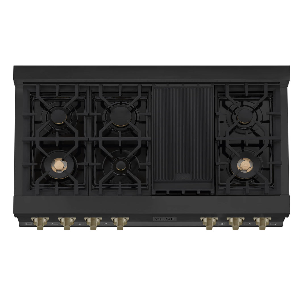 ZLINE Autograph Edition 48-Inch Porcelain Rangetop with 7 Gas Burners in Black Stainless Steel and Champagne Bronze Accents (RTBZ-48-CB)