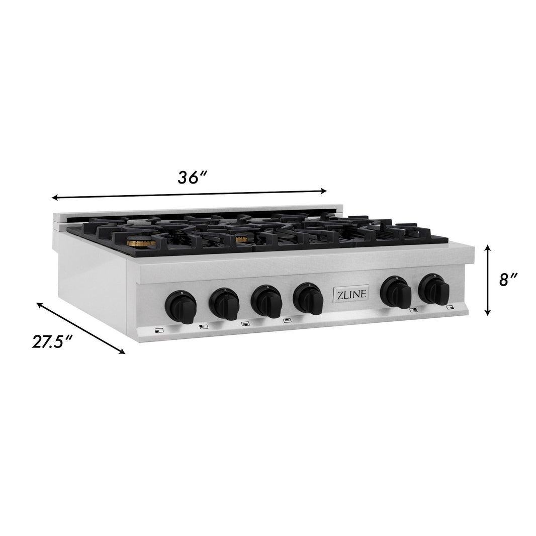 ZLINE Autograph Edition 36-Inch Porcelain Rangetop with 6 Gas Burners in DuraSnow® Stainless Steel and Matte Black Accents (RTSZ-36-MB)