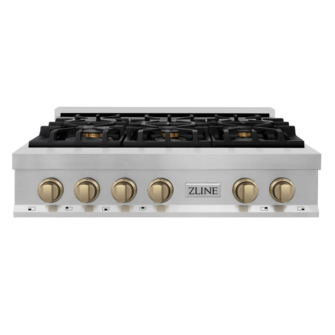 ZLINE Autograph Edition 36-Inch Porcelain Rangetop with 6 Gas Burners in Stainless Steel and Champagne Bronze Accents (RTZ-36-CB)