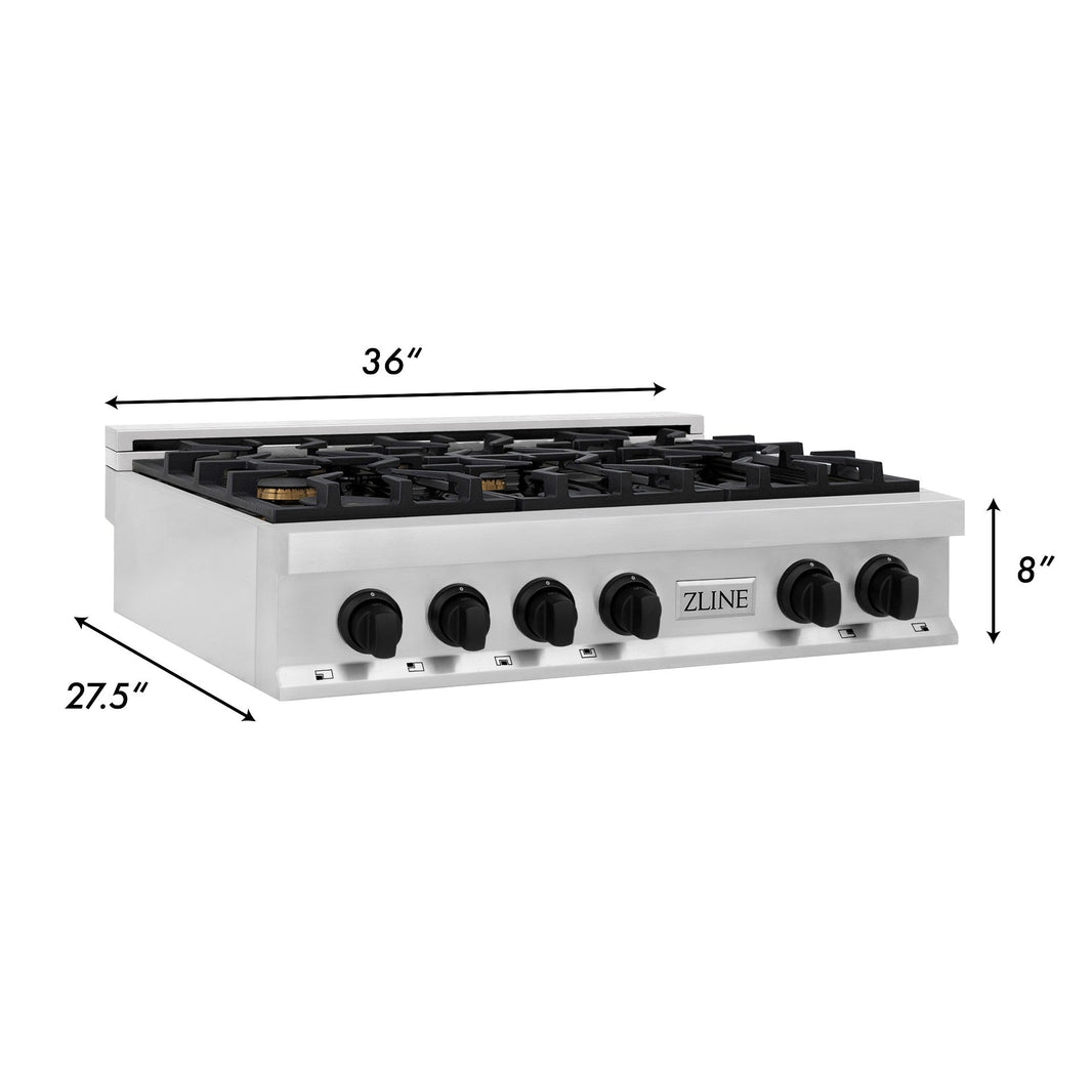 ZLINE Autograph Edition 36-Inch Porcelain Rangetop with 6 Gas Burners in Stainless Steel and Matte Black Accents (RTZ-36-MB)