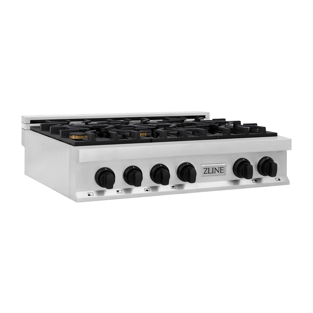 ZLINE Autograph Edition 36-Inch Porcelain Rangetop with 6 Gas Burners in Stainless Steel and Matte Black Accents (RTZ-36-MB)