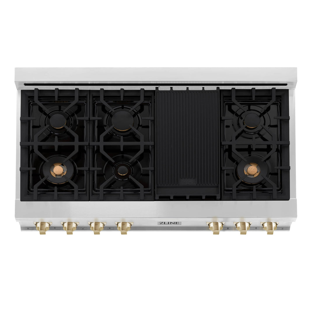 ZLINE Autograph Edition 48-Inch Porcelain Rangetop with 7 Gas Burners in Stainless Steel and Gold Accents (RTZ-48-G)