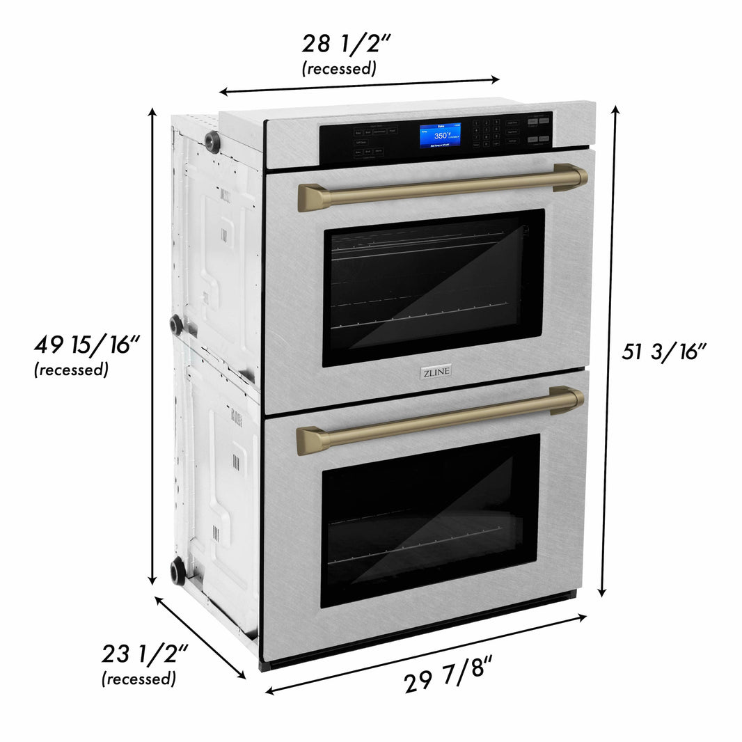 ZLINE 30" Autograph Edition Double Wall Oven with Self Clean and True Convection in DuraSnow® Stainless Steel and Champagne Bronze (AWDSZ-30-CB)