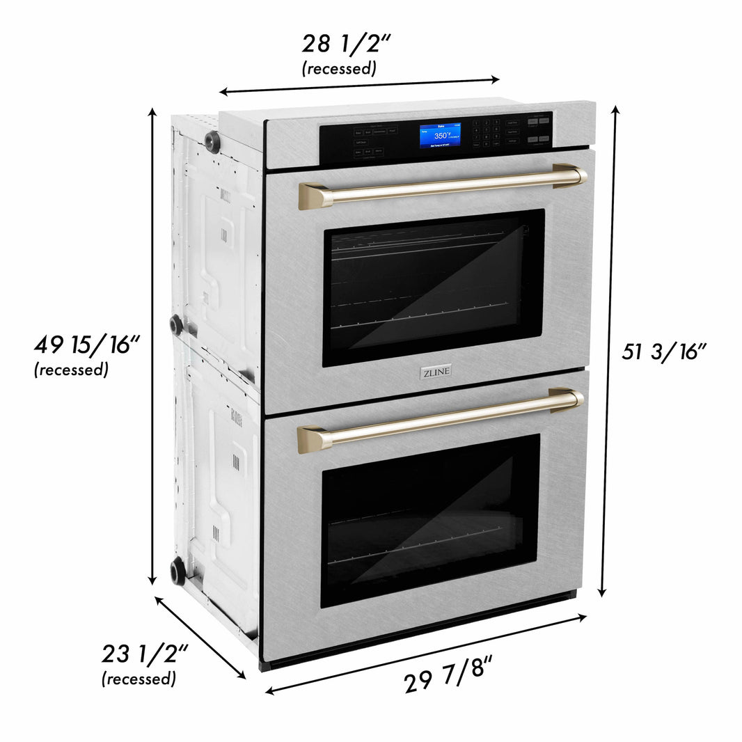 ZLINE 30" Autograph Edition Double Wall Oven with Self Clean and True Convection in DuraSnow® Stainless Steel and Gold (AWDSZ-30-G)