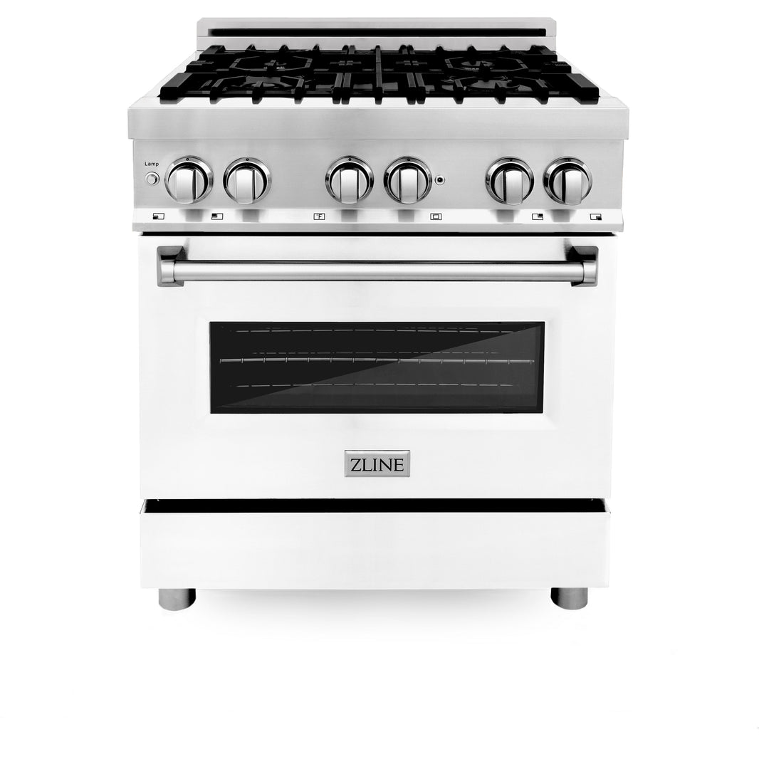 ZLINE 30-Inch Dual Fuel Range with 4.0 cu. ft. Electric Oven and Gas Cooktop and Griddle and White Matte Door in Stainless Steel (RA-WM-GR-30)