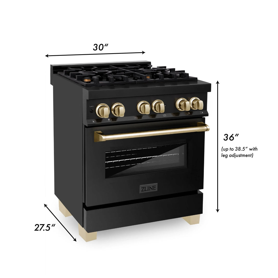 ZLINE Autograph Edition 3-Piece Appliance Package - 30" Dual Fuel Range, Wall Mounted Range Hood, & 24" Tall Tub Dishwasher in Black Stainless Steel with Champagne Bronze Trim (3AKP-RABRHDWV30-CB)