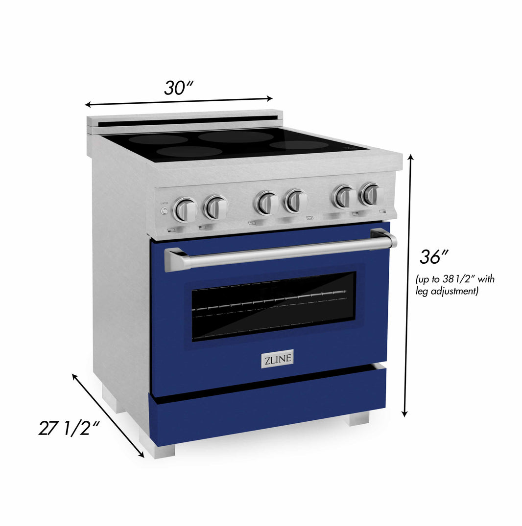 ZLINE 30-Inch 4.0 cu. ft. Induction Range with a 4 Element Stove and Electric Oven in DuraSnow Stainless Steel with Blue Gloss Door (RAINDS-BG-30)