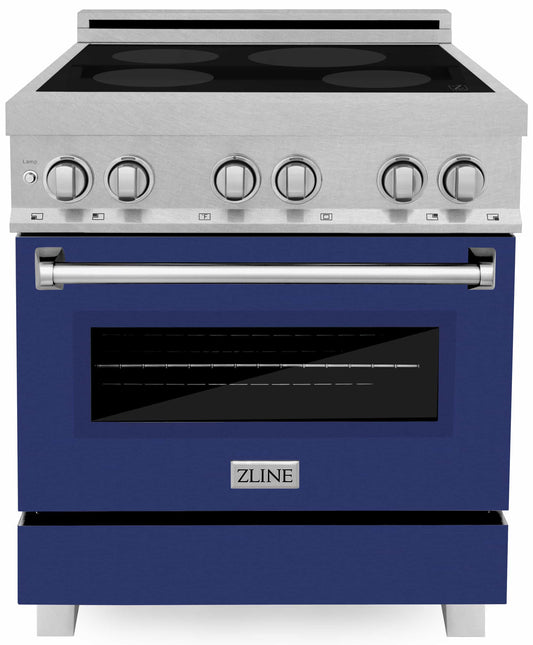 ZLINE 30-Inch 4.0 cu. ft. Induction Range with a 4 Element Stove and Electric Oven in DuraSnow Stainless Steel with Blue Gloss Door (RAINDS-BG-30)