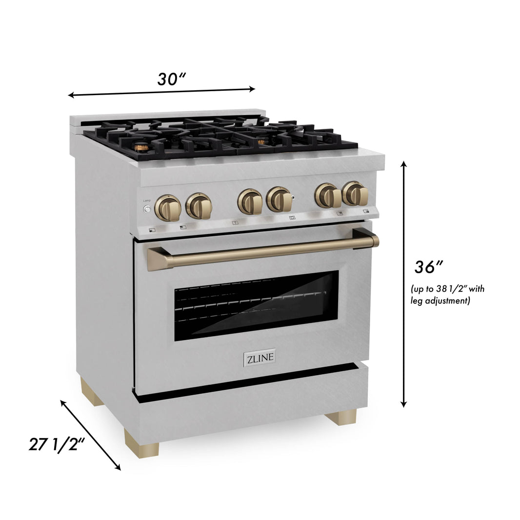 ZLINE Autograph Edition 30-Inch 4.0 cu. ft. Dual Fuel Range with Gas Stove and Electric Oven in DuraSnow Stainless Steel with Champagne Bronze Accents (RASZ-SN-30-CB)