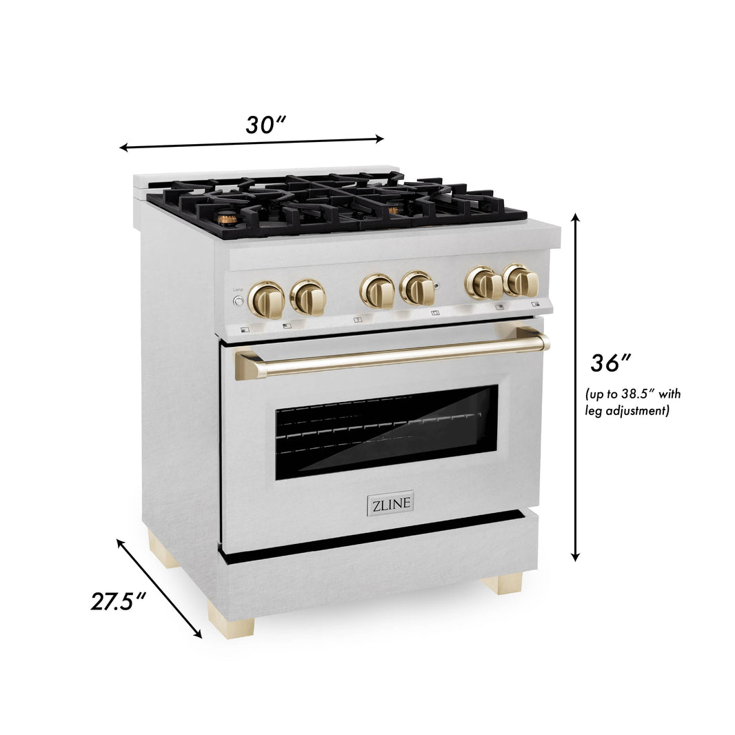 ZLINE Autograph Edition 30-Inch 4.0 cu. ft. Dual Fuel Range with Gas Stove and Electric Oven in DuraSnow Stainless Steel with Gold Accents (RASZ-SN-30-G)