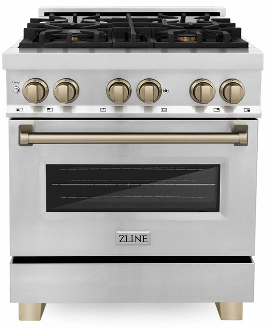 ZLINE Autograph Edition 30-Inch 4.0 cu. ft. Dual Fuel Range with Gas Stove and Electric Oven in Stainless Steel with Champagne Bronze Accents (RAZ-30-CB)