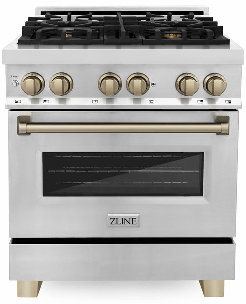 ZLINE Autograph Edition 4-Piece Appliance Package - 30" Dual Fuel Range, 36" Refrigerator with Water Dispenser, Wall Mounted Range Hood, & 24" Tall Tub Dishwasher in Stainless Steel with Champagne Bronze Trim (4AKPR-RARHDWM30-CB)