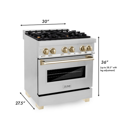 ZLINE Autograph Edition 4-Piece Appliance Package - 30" Dual Fuel Range, 36" Refrigerator, Wall Mounted Range Hood, & 24" Tall Tub Dishwasher in Stainless Steel with Gold Trim (4KAPR-RARHDWM30-G)