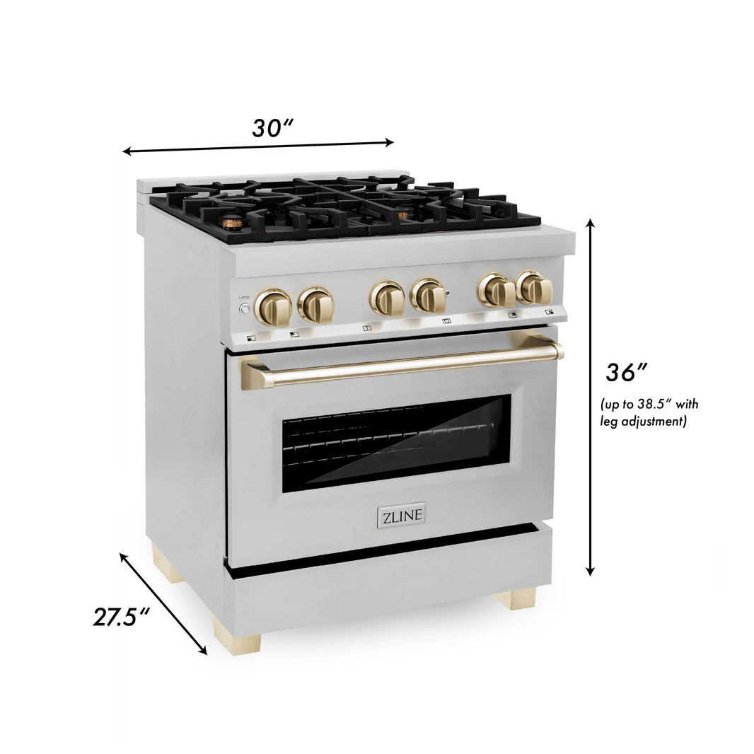 ZLINE Autograph Edition 30-Inch 4.0 cu. ft. Dual Fuel Range with Gas Stove and Electric Oven in Stainless Steel with Gold Accents (RAZ-30-G)