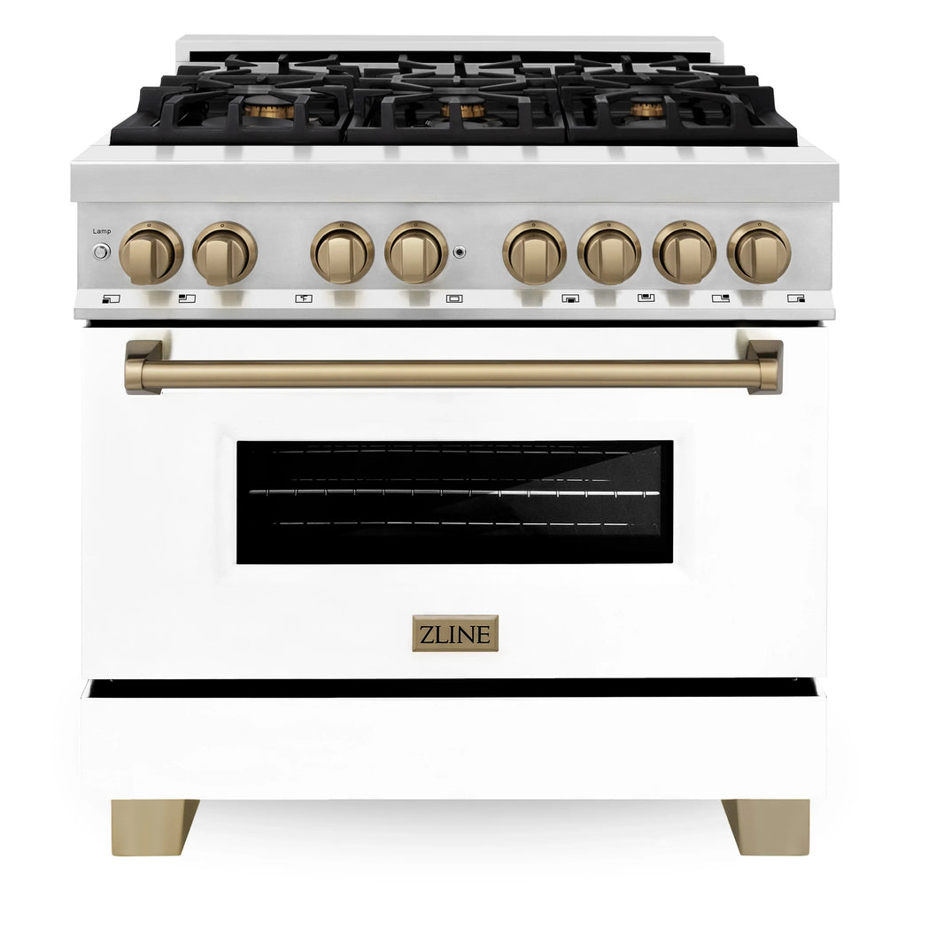 ZLINE Autograph Edition 2-Piece Appliance Package - 36" Dual Fuel Range & Wall Mounted Range Hood in Stainless Steel and White Door with Champagne Bronze Trim (2AKP-RAWMRH36-CB)