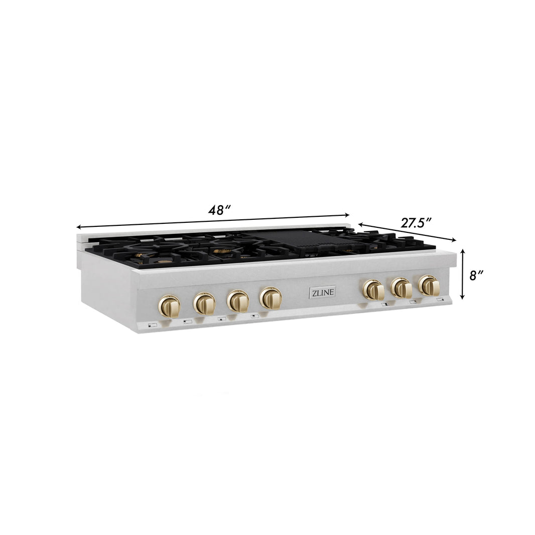 ZLINE Autograph Edition 48-Inch Porcelain Rangetop with 7 Gas Burners in DuraSnow® Stainless Steel and Gold Accents (RTSZ-48-G)