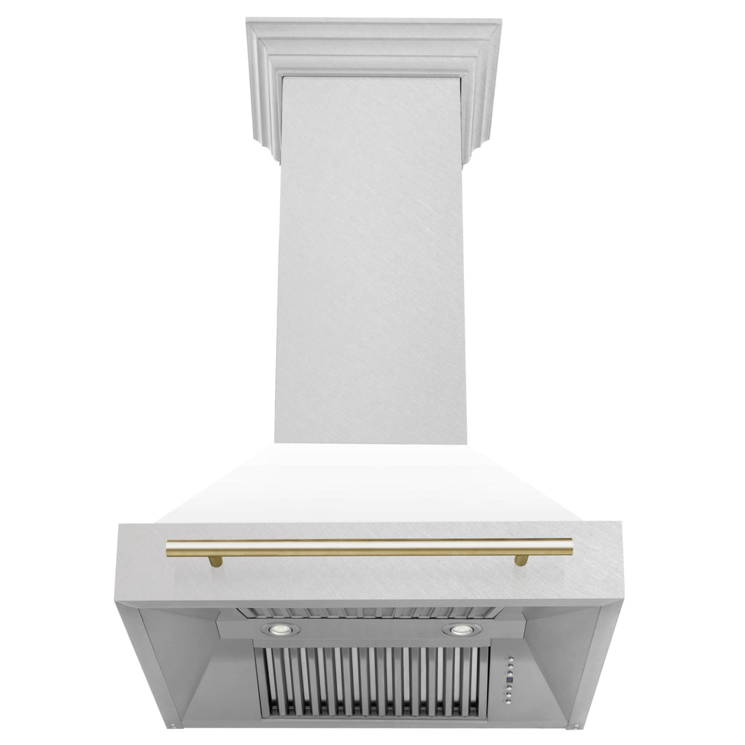 ZLINE 30-Inch Autograph Edition Wall Mount Range Hood in DuraSnow Stainless Steel with White Matte Shell and Gold Handle (8654SNZ-WM30-G)