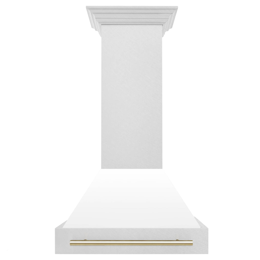 ZLINE 30-Inch Autograph Edition Wall Mount Range Hood in DuraSnow Stainless Steel with White Matte Shell and Gold Handle (8654SNZ-WM30-G)