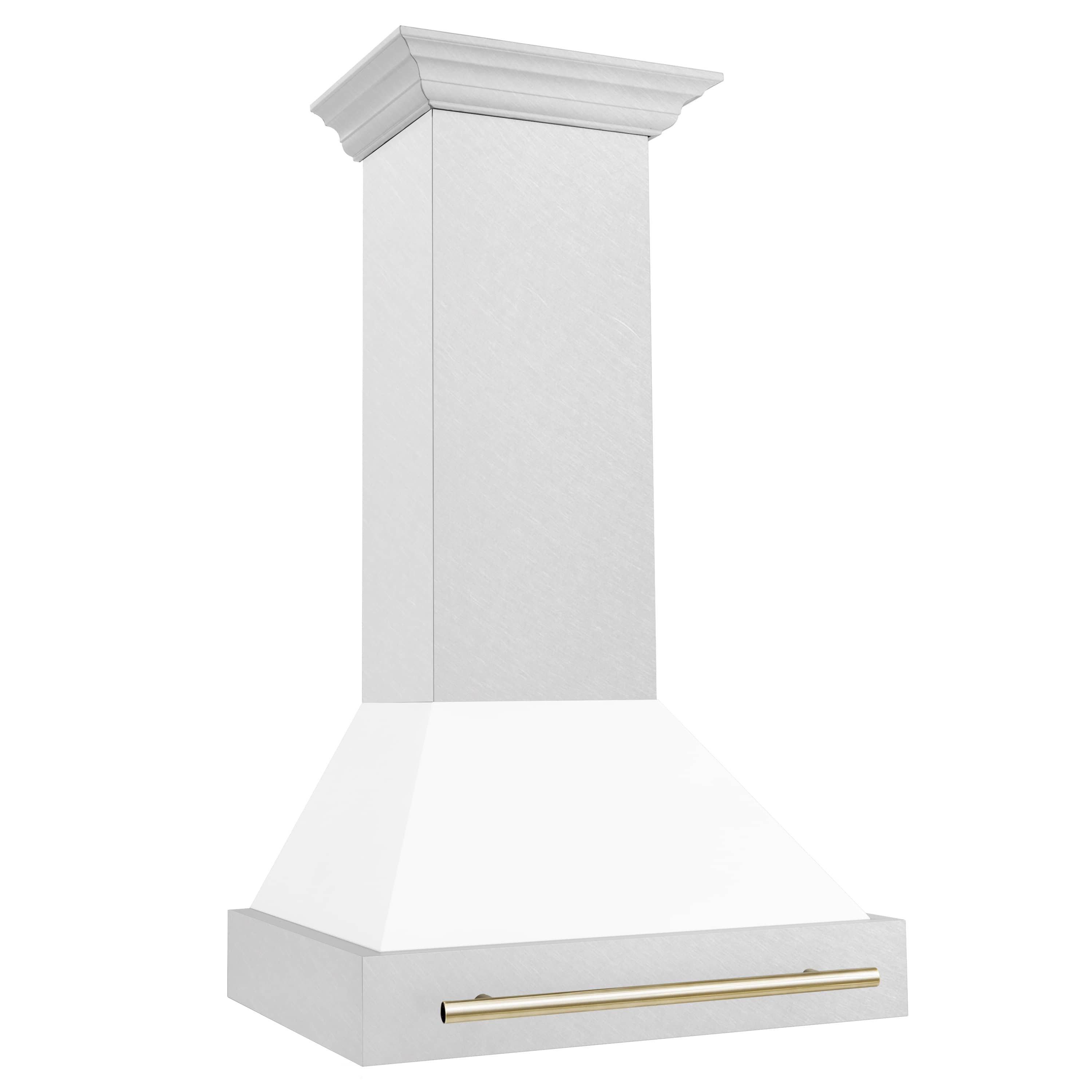 ZLINE 30-Inch Autograph Edition Wall Mount Range Hood in DuraSnow Stainless Steel with White Matte Shell and Gold Handle (8654SNZ-WM30-G)