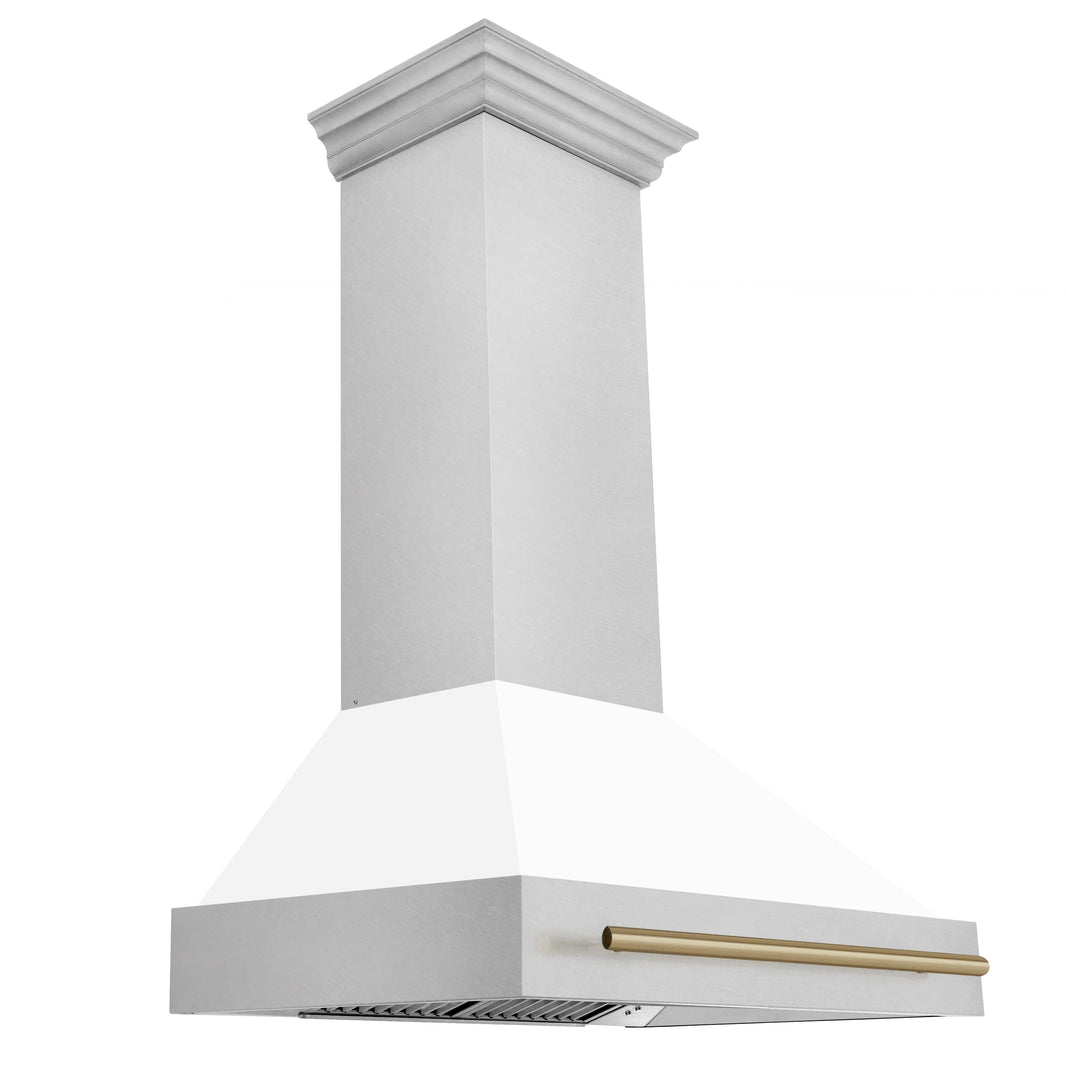 ZLINE 36-Inch Autograph Edition Wall Mount Range Hood in DuraSnow Stainless Steel with White Matte Shell and Champagne Bronze Handle (8654SNZ-WM36-CB)