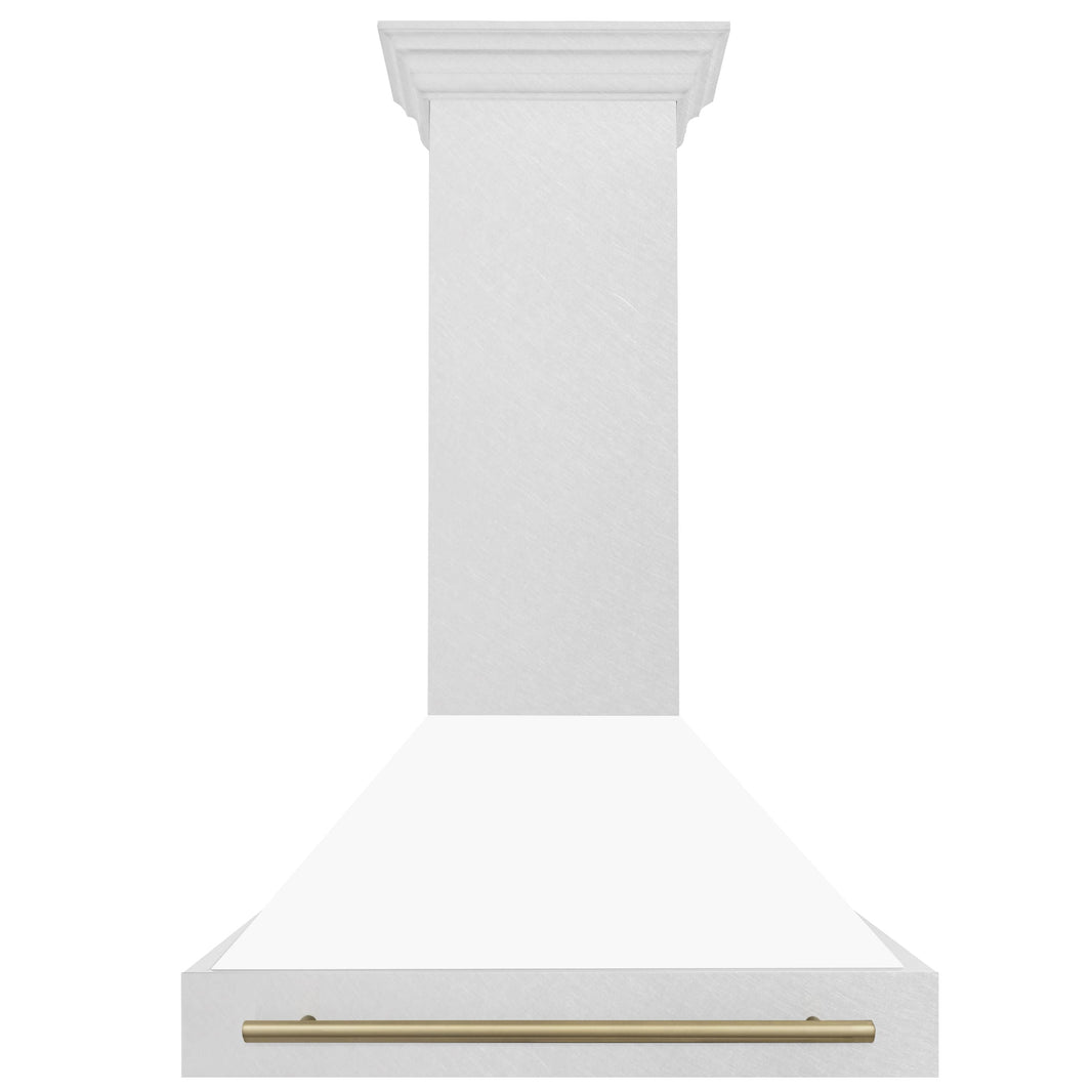 ZLINE 36-Inch Autograph Edition Wall Mount Range Hood in DuraSnow Stainless Steel with White Matte Shell and Champagne Bronze Handle (8654SNZ-WM36-CB)