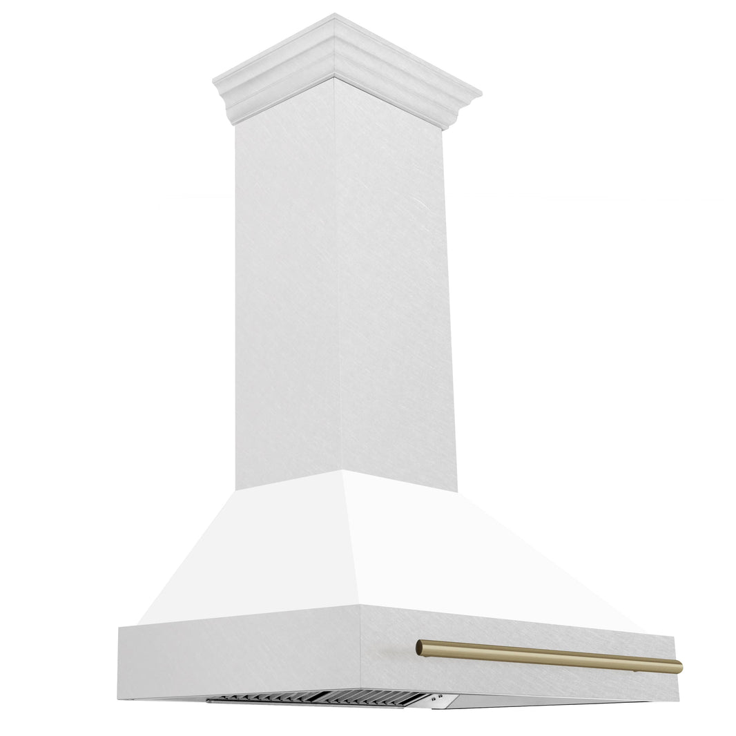 ZLINE 36-Inch Autograph Edition Wall Mount Range Hood in DuraSnow Stainless Steel with White Matte Shell and Champagne Bronze Handle (8654SNZ-WM36-CB)