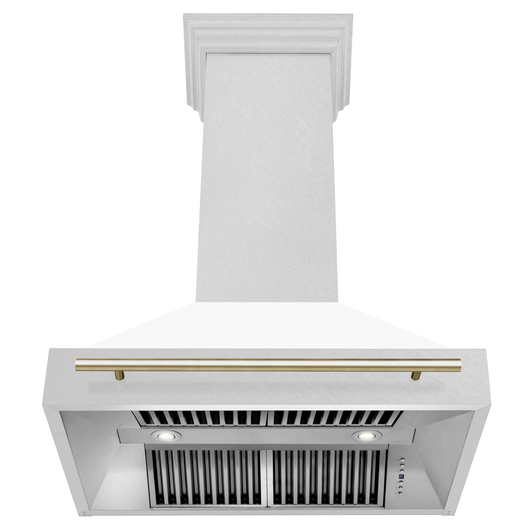 ZLINE 36-Inch Autograph Edition Wall Mount Range Hood in DuraSnow Stainless Steel with White Matte Shell and Gold Handle (8654SNZ-WM36-G)