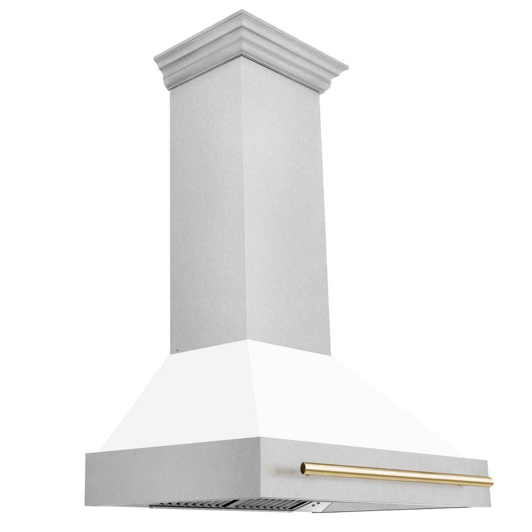 ZLINE 36-Inch Autograph Edition Wall Mount Range Hood in DuraSnow Stainless Steel with White Matte Shell and Gold Handle (8654SNZ-WM36-G)