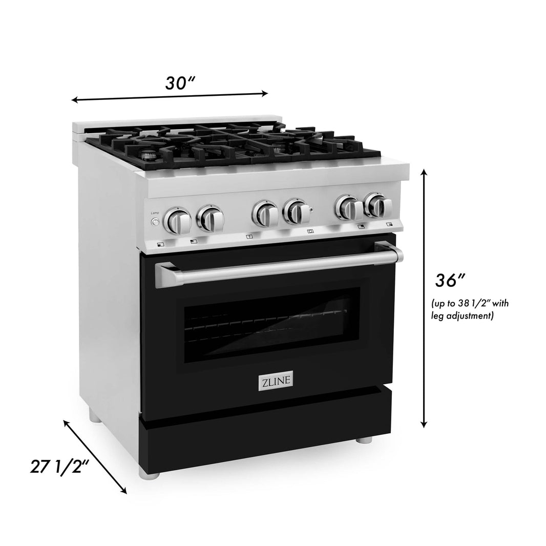 ZLINE 2-Piece Appliance Package - 30-inch Dual Fuel Range with Black Matte Door and Convertible Vent Range Hood in Stainless Steel (2KP-RABLMRH30)