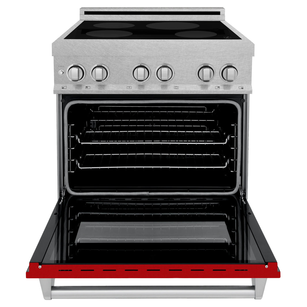 ZLINE 30-Inch 4.0 cu. ft. Induction Range with a 4 Element Stove and Electric Oven in DuraSnow Stainless Steel with Red Gloss Door (RAINDS-RG-30)