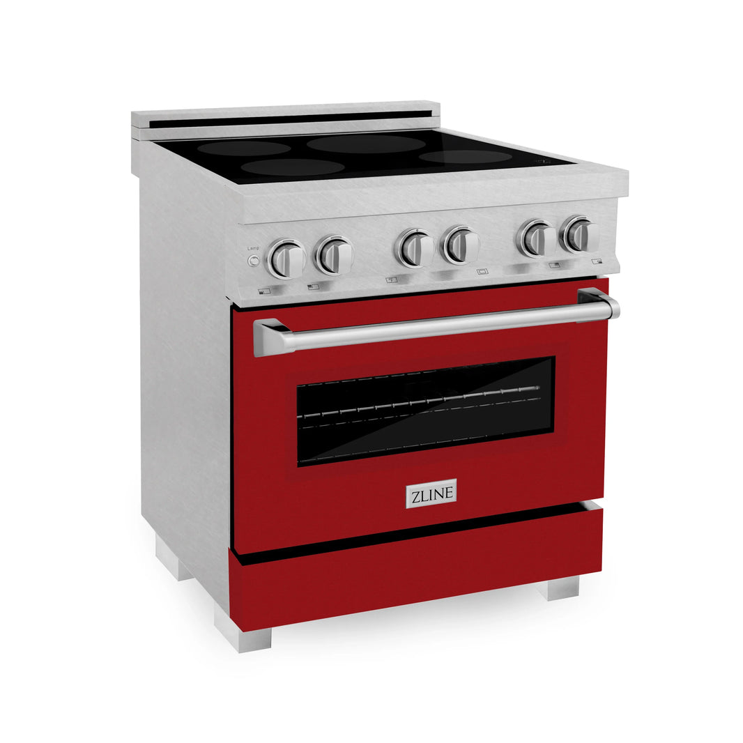 ZLINE 30-Inch 4.0 cu. ft. Induction Range with a 4 Element Stove and Electric Oven in DuraSnow Stainless Steel with Red Gloss Door (RAINDS-RG-30)