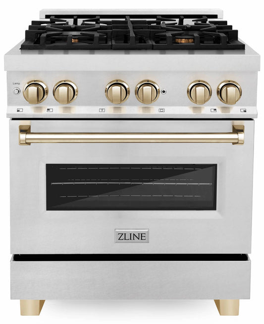 ZLINE Autograph Edition 30-Inch 4.0 cu. ft. Dual Fuel Range with Gas Stove and Electric Oven in DuraSnow Stainless Steel with Gold Accents (RASZ-SN-30-G)