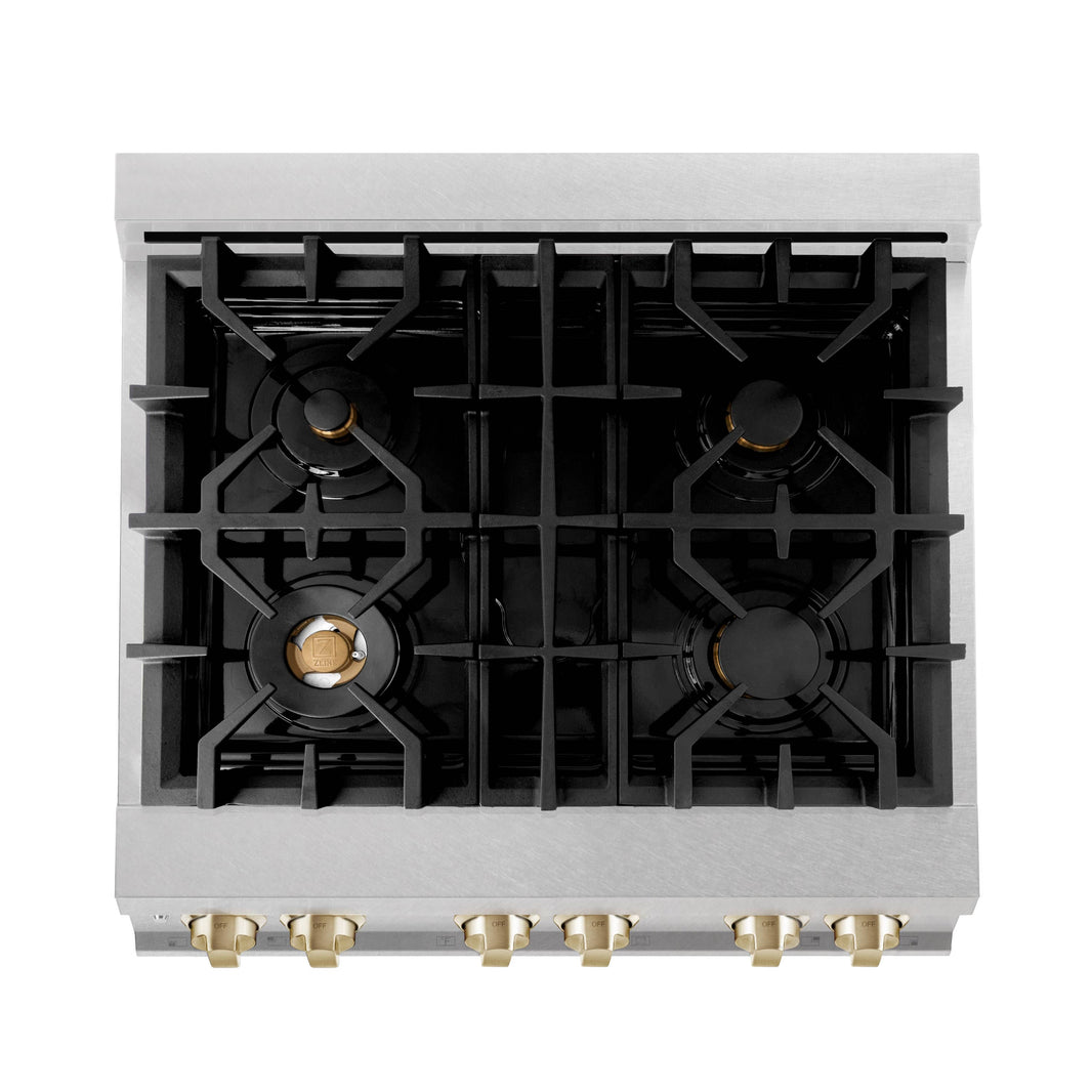 ZLINE Autograph Edition 30-Inch 4.0 cu. ft. Dual Fuel Range with Gas Stove and Electric Oven in DuraSnow Stainless Steel with Gold Accents (RASZ-SN-30-G)