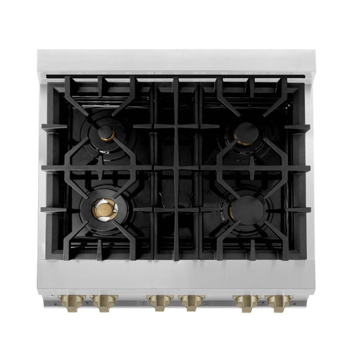 ZLINE Autograph Edition 2-Piece Appliance Package - 30" Dual Fuel Range & Wall Mounted Range Hood in Stainless Steel with Champagne Bronze Trim (2AKP-RARH30-CB)